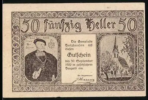 Notgeld Holzhausen 1920, 50 Heller, Porträt und Kirche, Gebäudeansichten im Rahmenmuster