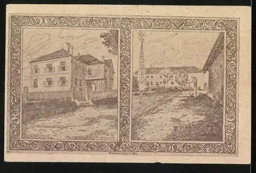 Notgeld Holzhausen 1920, 50 Heller, Porträt und Kirche, Gebäudeansichten im Rahmenmuster