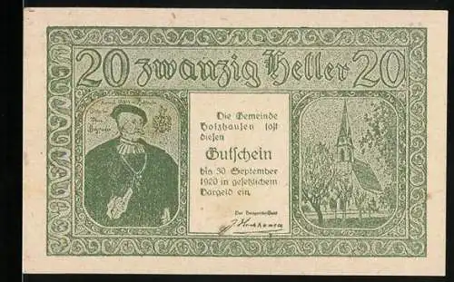 Notgeld Holzhausen 1920, 20 Heller, Porträt und Kirche, Gebäudeansichten