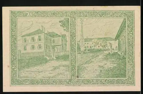 Notgeld Holzhausen 1920, 20 Heller, Porträt und Kirche, Gebäudeansichten