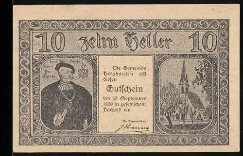 Notgeld Holzhausen 1920, 10 Heller, Porträt einer Person, Kirche, Gebäudeansichten, Ziermuster