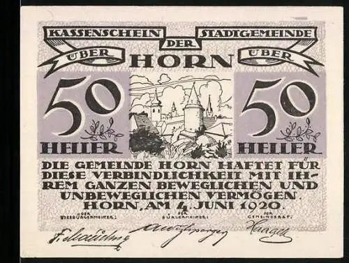 Notgeld Horn 1920, 50 Heller, Stadtansicht mit Burgen und Landschaft