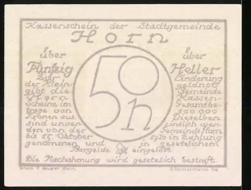 Notgeld Horn 1920, 50 Heller, Stadtansicht mit Burgen und Landschaft