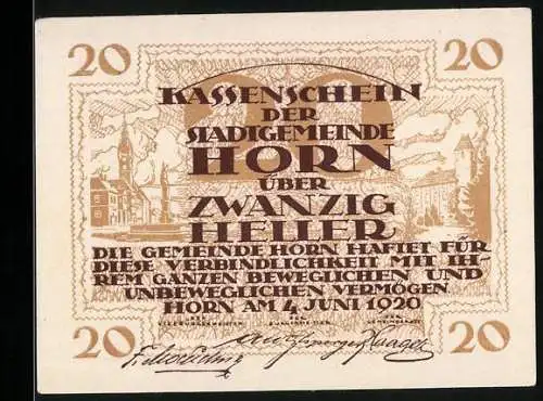 Notgeld Horn 1920, 20 Heller, Stadtansicht mit Gebäuden und Unterschriften