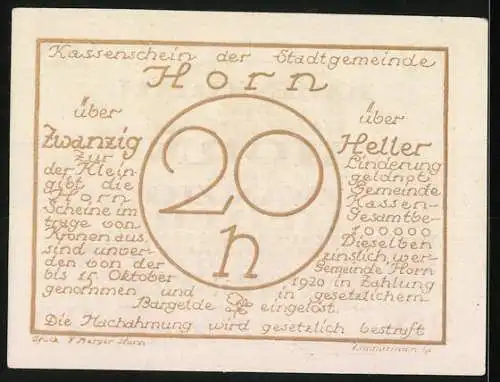 Notgeld Horn 1920, 20 Heller, Stadtansicht mit Gebäuden und Unterschriften