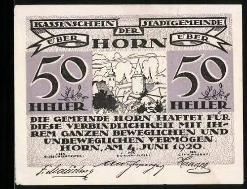 Notgeld Horn 1920, 50 Heller, Burgenlandschaft und Text, 4. Juni 1920