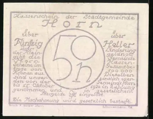 Notgeld Horn 1920, 50 Heller, Burgenlandschaft und Text, 4. Juni 1920