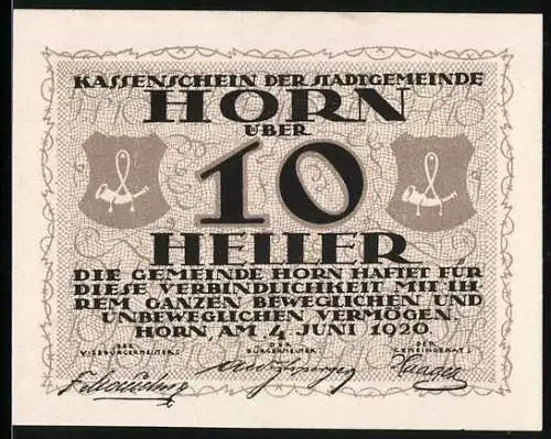 Notgeld Horn 1920, 10 Heller, Schriftzug mit Wappen und Wertangabe in Kreis