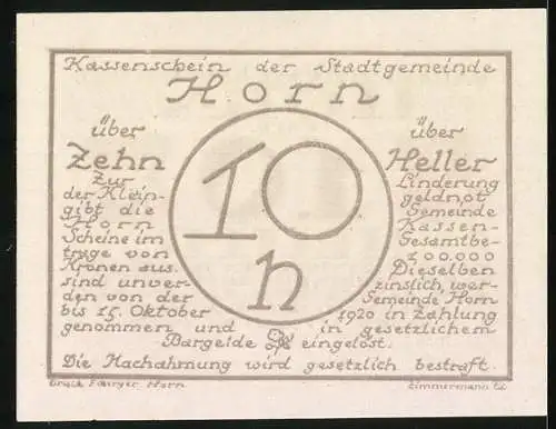 Notgeld Horn 1920, 10 Heller, Schriftzug mit Wappen und Wertangabe in Kreis