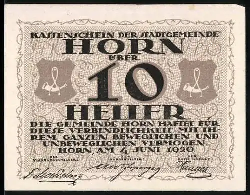 Notgeld Horn 1920, 10 Heller, textbasierte Gestaltung mit zwei Wappen und Signaturen