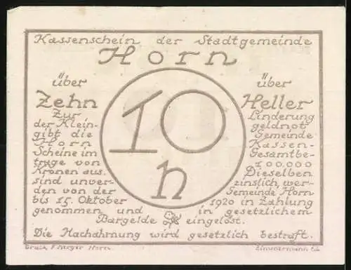 Notgeld Horn 1920, 10 Heller, textbasierte Gestaltung mit zwei Wappen und Signaturen