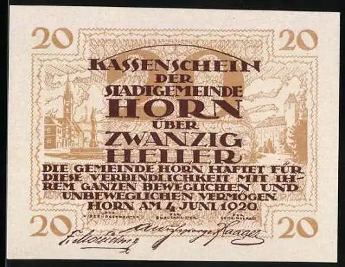 Notgeld Horn 1920, 20 Heller, Text und Stadtansicht mit Gebäuden und Landschaftsmotiv