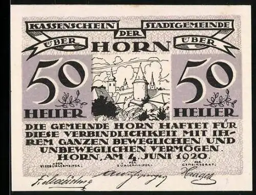 Notgeld Horn 1920, 50 Heller, Stadtansicht mit Text und Unterschriften