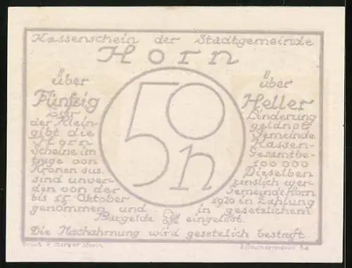 Notgeld Horn 1920, 50 Heller, Stadtansicht mit Text und Unterschriften