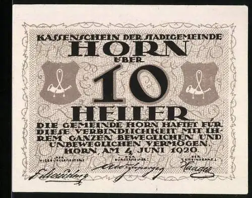 Notgeld Horn 1920, 10 Heller, Schriftzug und Wappen mit Horn