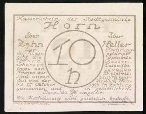 Notgeld Horn 1920, 10 Heller, Schriftzug und Wappen mit Horn