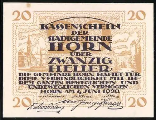 Notgeld Horn 1920, 20 Heller, Stadtansicht und gesetzliche Bestimmungen