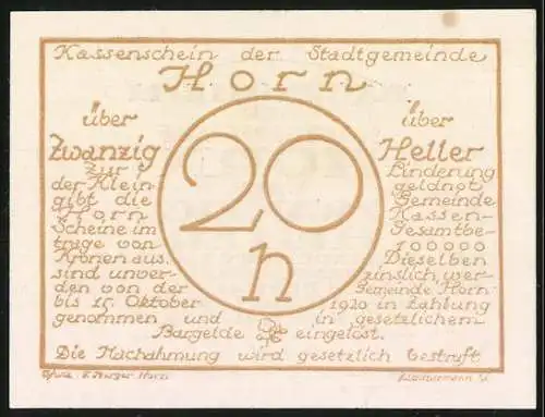 Notgeld Horn 1920, 20 Heller, Stadtansicht und gesetzliche Bestimmungen