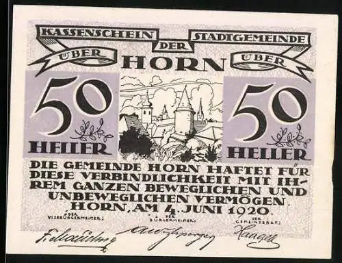 Notgeld Horn 1920, 50 Heller, Stadtansicht und Text über finanzielle Verbindlichkeit