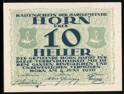 Notgeld Horn 1920, 10 Heller, Text mit zwei Wappen, grüne Umrandung