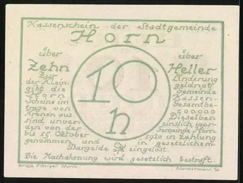Notgeld Horn 1920, 10 Heller, Text mit zwei Wappen, grüne Umrandung