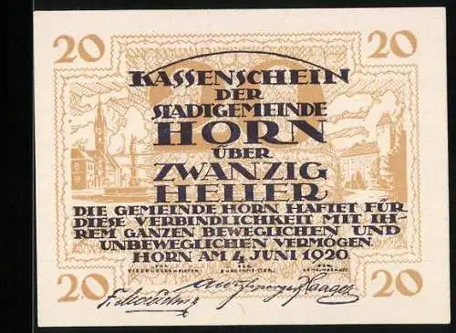 Notgeld Horn 1920, 20 Heller, Stadtansicht und Schriftzüge