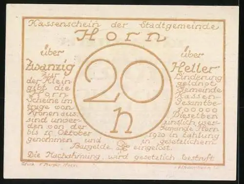 Notgeld Horn 1920, 20 Heller, Stadtansicht und Schriftzüge