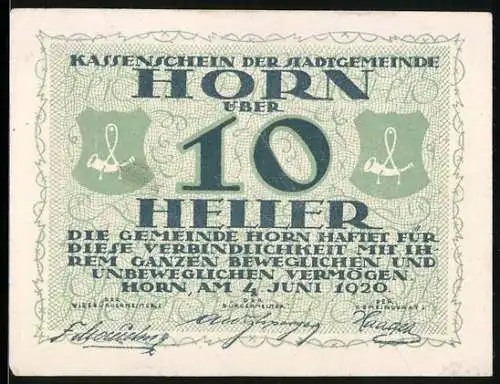 Notgeld Horn 1920, 10 Heller, grüner Schriftzug mit zwei Wappen und Unterschriften