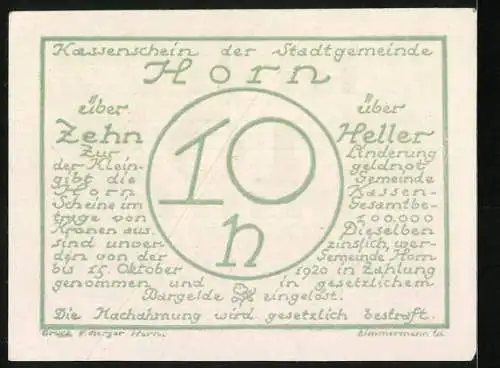 Notgeld Horn 1920, 10 Heller, grüner Schriftzug mit zwei Wappen und Unterschriften