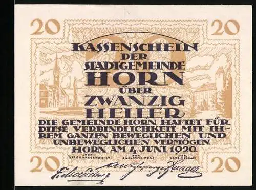 Notgeld Horn 1920, 20 Heller, Text und Stadtansicht, mit Unterschriften und Ornamenten