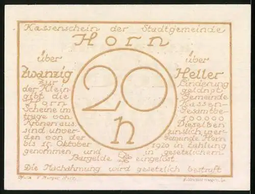 Notgeld Horn 1920, 20 Heller, Text und Stadtansicht, mit Unterschriften und Ornamenten