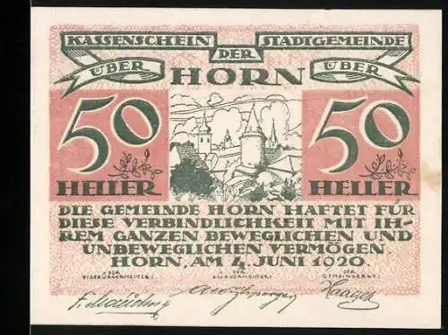 Notgeld Horn 1920, 50 Heller, Stadtansicht und Text über Verbindlichkeit und Einlösung