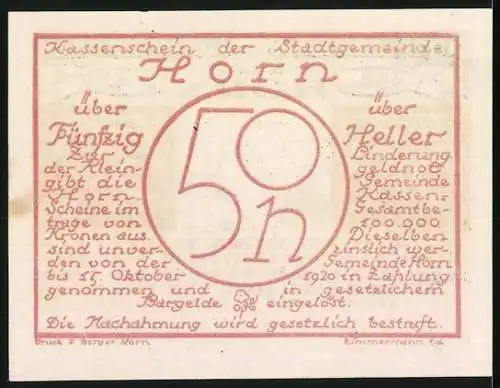 Notgeld Horn 1920, 50 Heller, Stadtansicht und Text über Verbindlichkeit und Einlösung