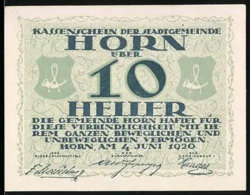 Notgeld Horn 1920, 10 Heller, Wappen mit Hornmotiv, Text und Unterschriften