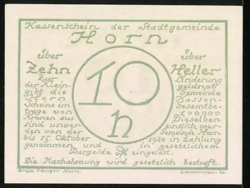 Notgeld Horn 1920, 10 Heller, Wappen mit Hornmotiv, Text und Unterschriften