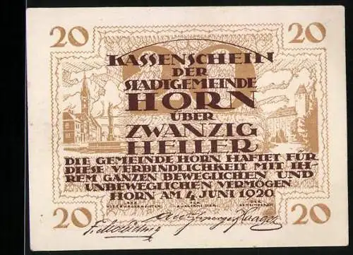 Notgeld Horn 1920, 20 Heller, Stadtansicht und Text, Unterschriften