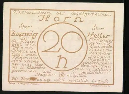 Notgeld Horn 1920, 20 Heller, Stadtansicht und Text, Unterschriften