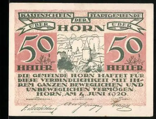 Notgeld Horn 1920, 50 Heller, Stadtansicht mit Türmen und Landschaft