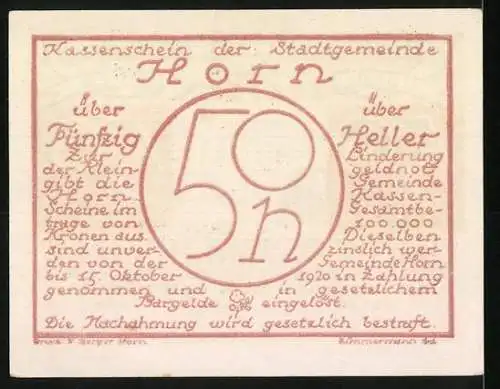 Notgeld Horn 1920, 50 Heller, Stadtansicht mit Türmen und Landschaft