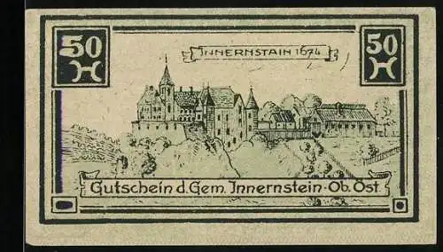 Notgeld Innernstein 1920, 50 Heller, Schloss Innernstein 1674, Unterschriften Gemeindevertreter