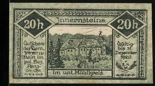 Notgeld Innernstein 1920, 20 Heller, Gebäude und Ruine Saxenegg, gültig bis 31. Dezember 1920