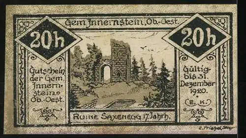 Notgeld Innernstein 1920, 20 Heller, Gebäude und Ruine Saxenegg, gültig bis 31. Dezember 1920