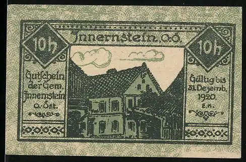 Notgeld Innernstein 1920, 10 Heller, Häuser und Landschaftsmotiv, gültig bis 31. Dezember 1920