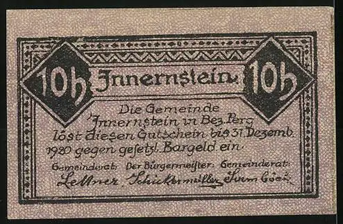 Notgeld Innernstein 1920, 10 Heller, Häuser und Landschaftsmotiv, gültig bis 31. Dezember 1920