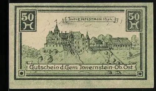 Notgeld Innernstein 1920, 50 Heller, Schlossansicht und Signaturen der Gemeindevertreter