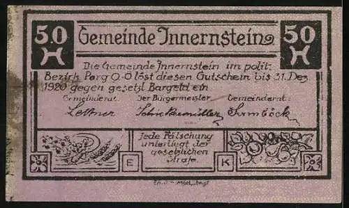 Notgeld Innernstein 1920, 50 Heller, Schlossansicht und Signaturen der Gemeindevertreter