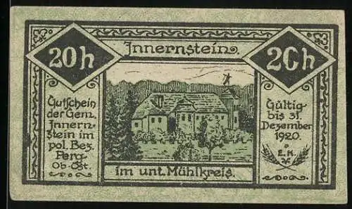 Notgeld Innernstein 1920, 20 Heller, Landschaft mit Gebäude und Ruine Saxenegg