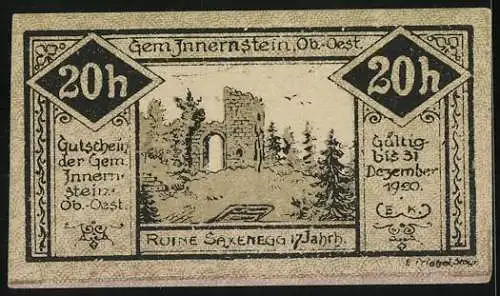 Notgeld Innernstein 1920, 20 Heller, Landschaft mit Gebäude und Ruine Saxenegg