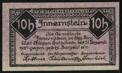 Notgeld Innernstein 1920, 10 Heller, Gebäude und Wolken, Gültigkeit bis 31. Dezember 1920