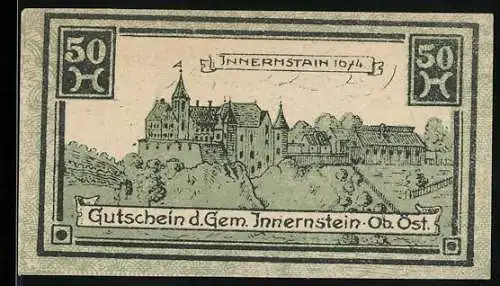 Notgeld Innernstein 1920, 50 Heller, Ansicht der Burg Innernstein, Wappen und Zierleiste